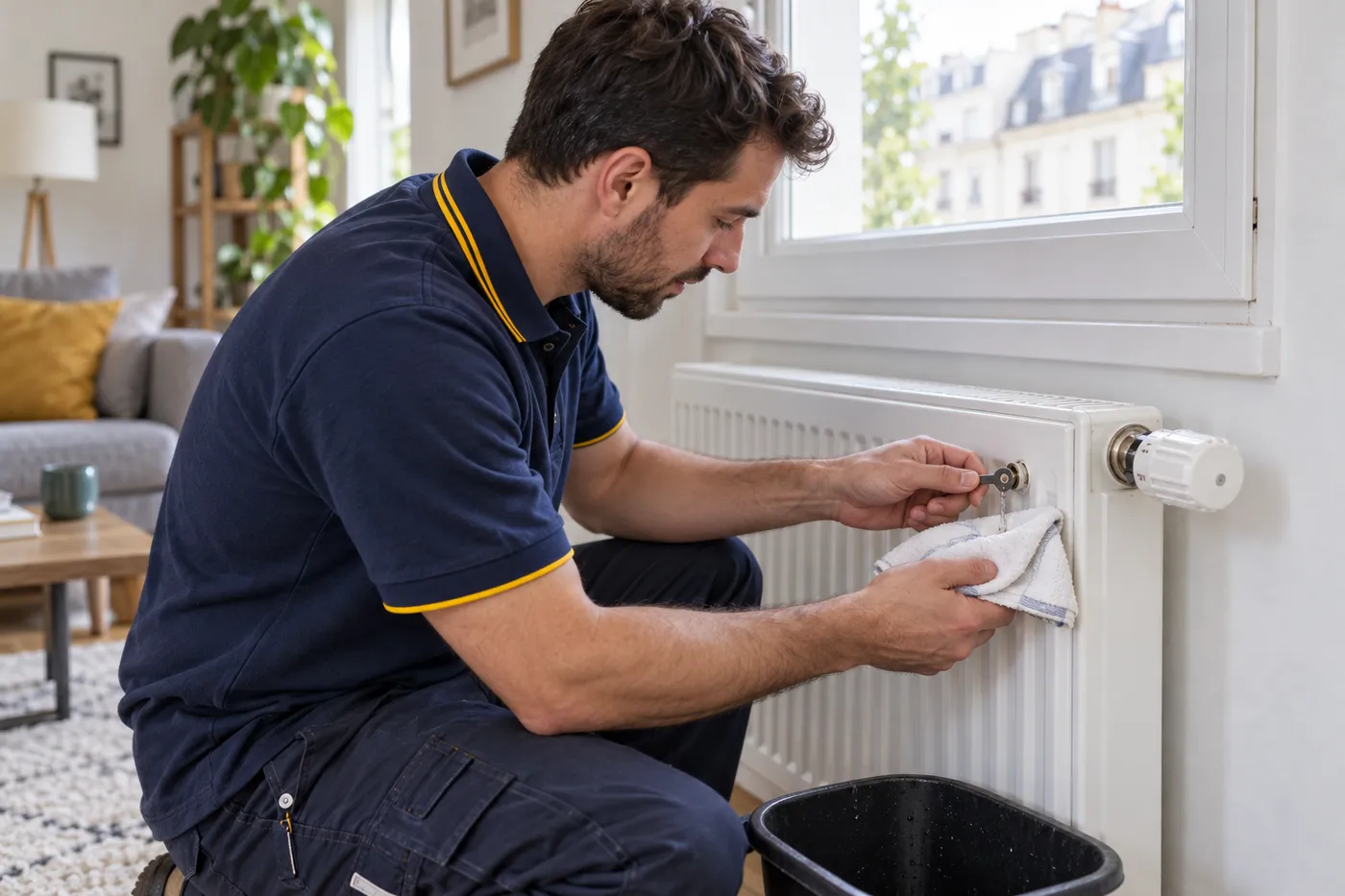 Chauffagiste purgeant un radiateur pour rétablir la pression du circuit de chauffage